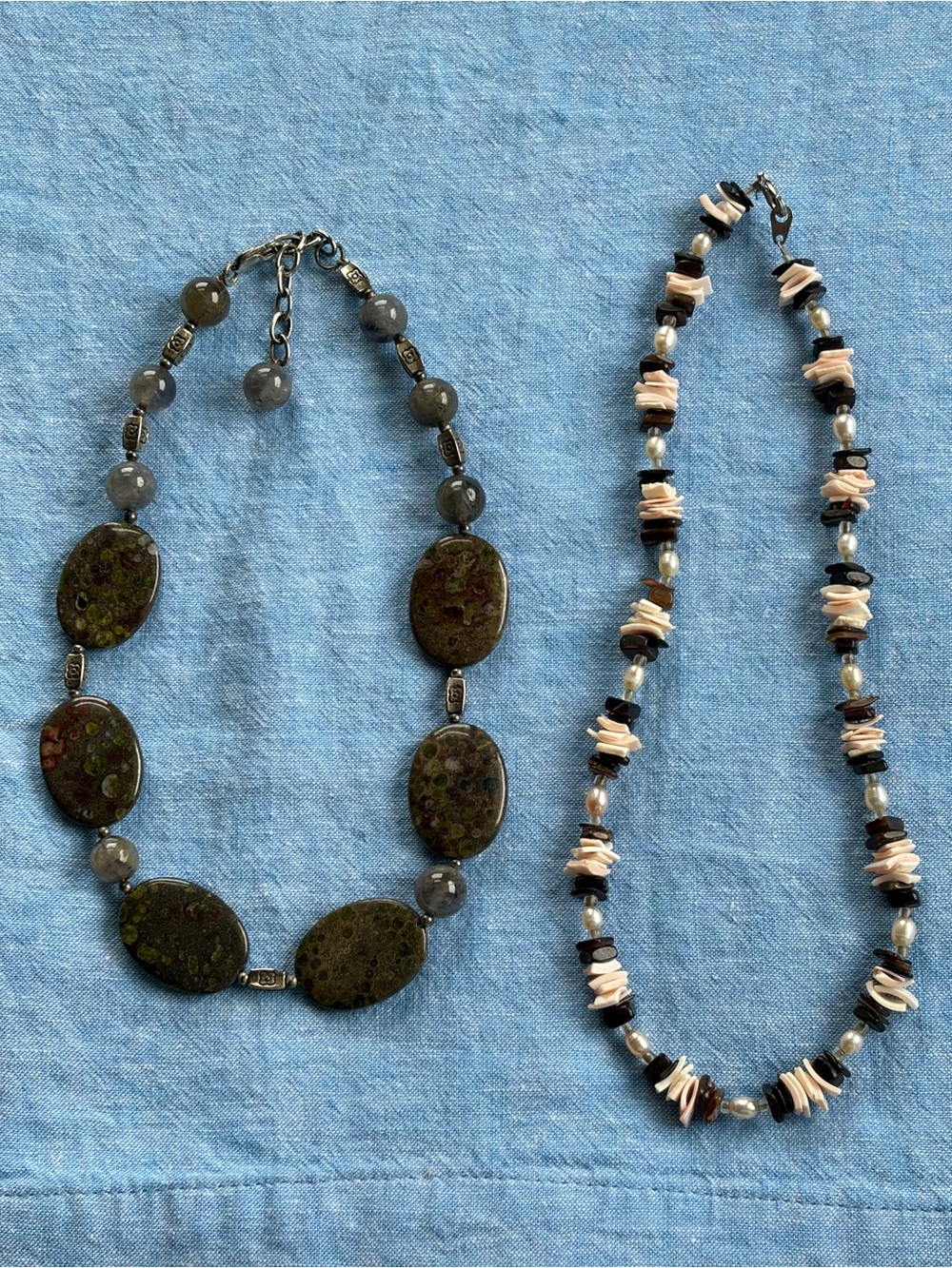 925 Ocean Jasper necklace with SS beads & clasp; freshwater pearls w/puka shells